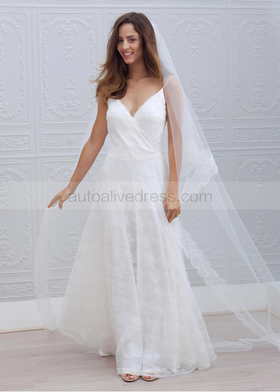 Ivory Delicate Lace Over Spaghetti Straps V Back Wedding Dress 